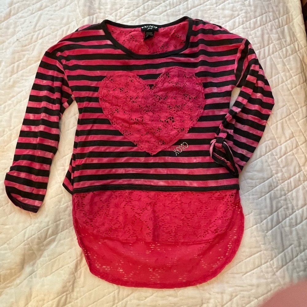 XOXO Long Sleeve Pink and Black Tee Lace and Striped Design
